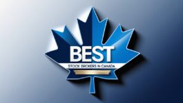 Promotional banner featuring a blue maple leaf design with the text 'BEST STOCK BROKERS IN CANADA' in bold white letters against a sleek, dark blue background. A golden bar underscores the word 'BEST,' emphasizing the top quality of Canadian stock brokers.
