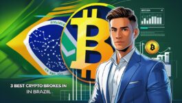 The image features a vibrant promotional banner titled "3 Best Crypto Brokers in Brazil." It showcases a stylized male figure with a confident expression, dressed in a modern blue suit, against a background that blends the Brazilian flag with digital elements representing cryptocurrency trading, such as graphs and Bitcoin symbols. The visual composition highlights Brazil's dynamic market for cryptocurrency trading, emphasizing its relevance and the modern approach of Brazilian crypto brokers.