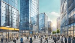 A bustling financial district in Germany, with modern office buildings and electronic trading screens